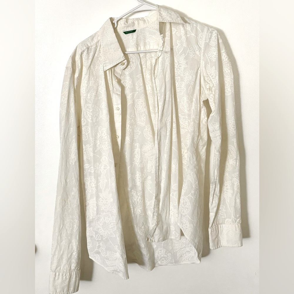 Benetton White Slim Button Up Vintage Floral Sheer M/L